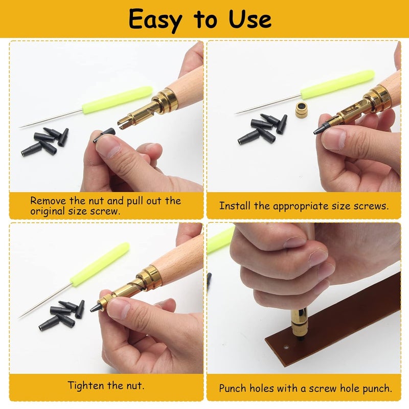 Boyistar Adjustable Japanese Screw Punch, 6 Tip Sizes Belt Hole Puncher for Leather, Wood Handle Leather Hole Punch Tool with Clear Box for Sewing Leather - Image 4